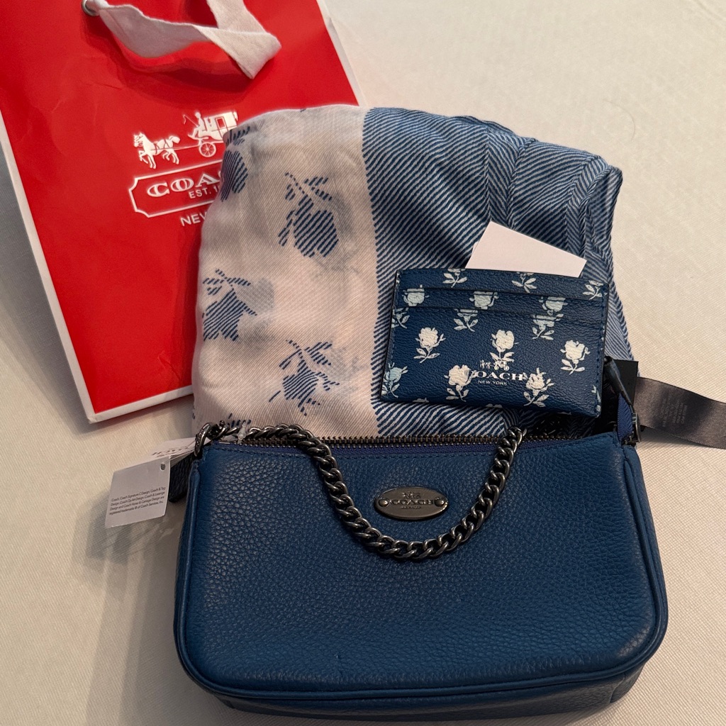 Nwt Coach Blue Leather Large Zip Detachable Chain Wristlet Bag, Card Case, Scarf